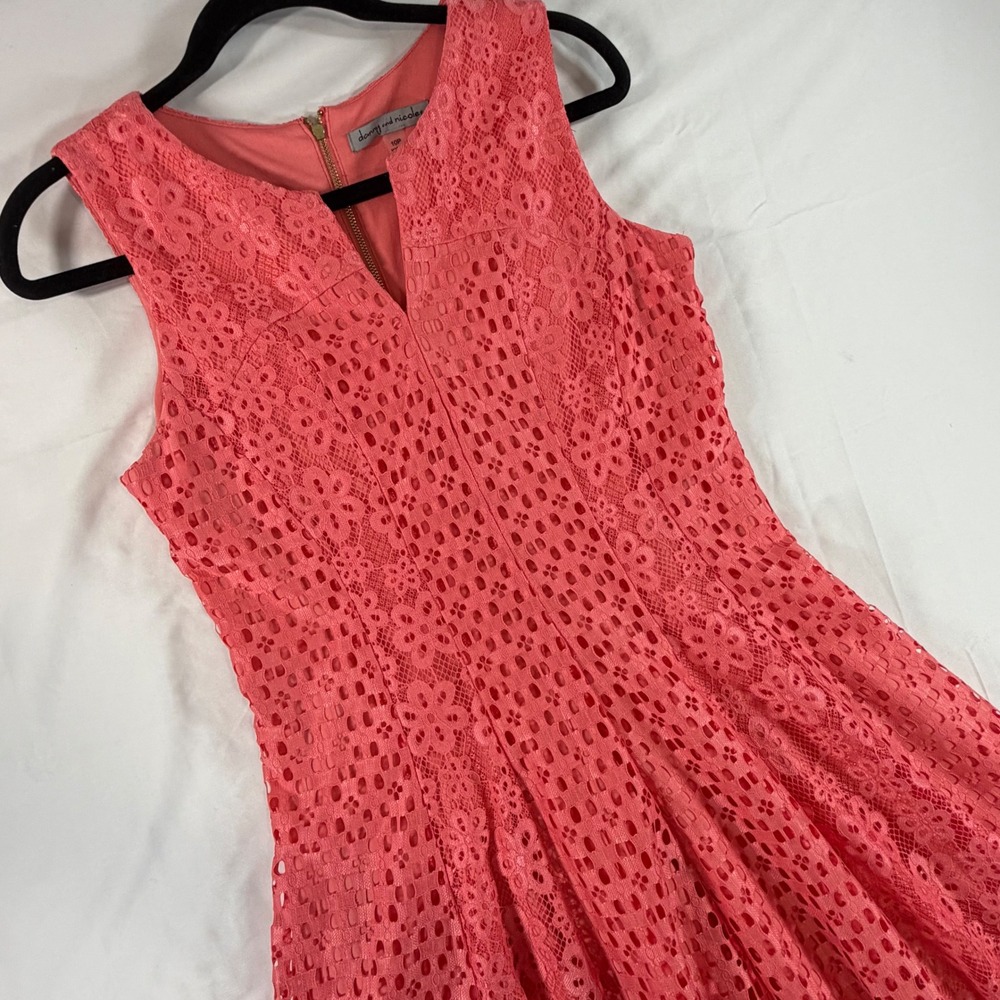 Danny‎ and Nicole Coral Pink Lace Fit and Flare Dress Sleeveless V-Neck 10P